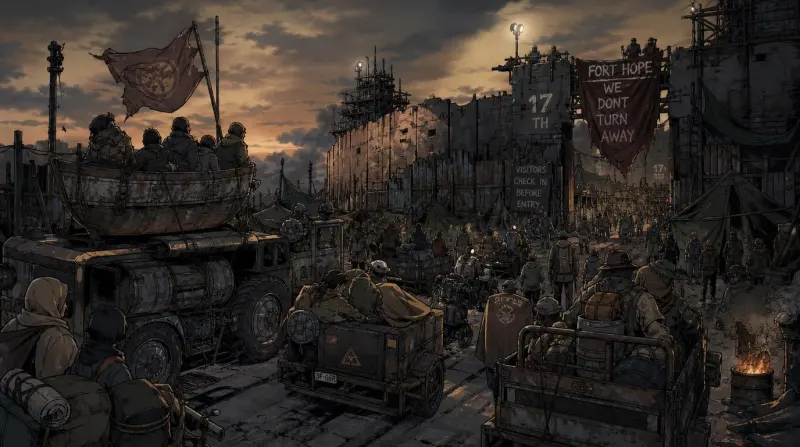 A crowd and laden trucks massed at night outside a fortified gate hung with a banner reading “Fort Hope — we don't turn away”.