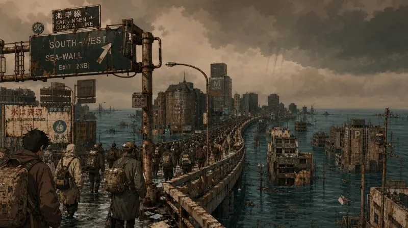 A column of people walking a raised seawall road out of a city half sunk under grey water.