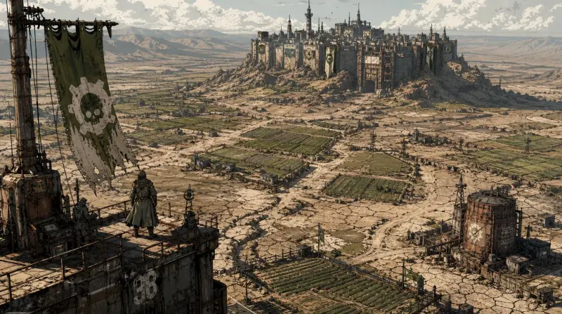 A figure on a rooftop looking out over cultivated plots laid between cracked ground, a walled hold on the rise beyond.
