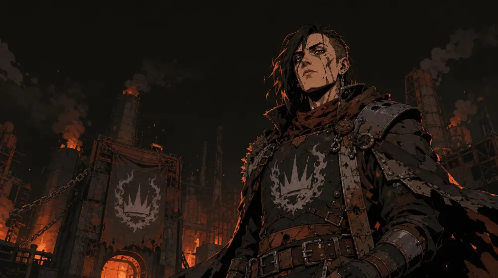 An Ashkings warlord in scavenged plate against burning refinery stacks at night, a crowned banner alight behind.