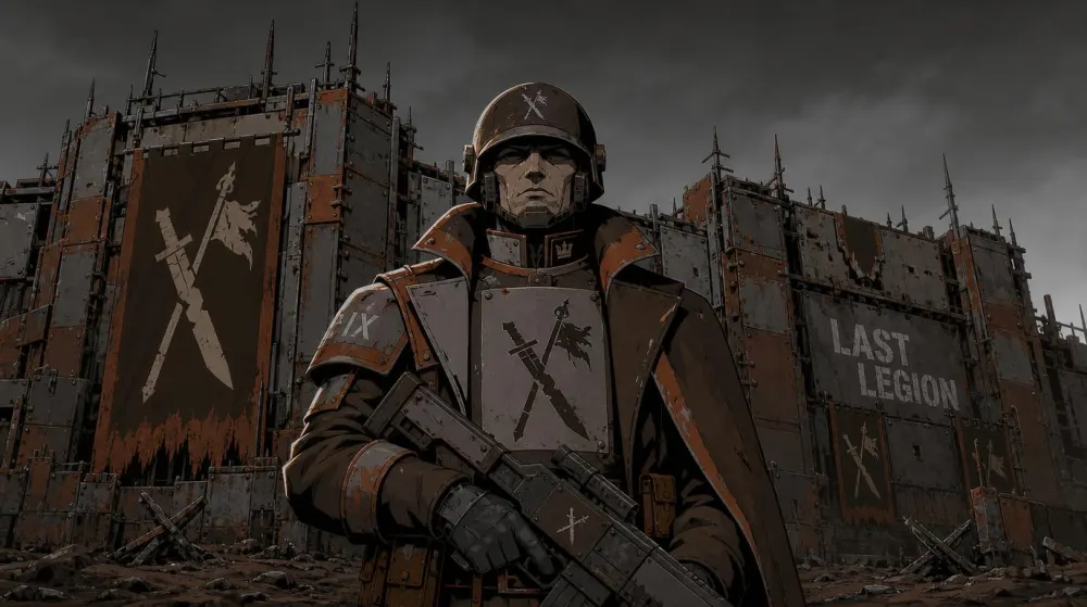 A Last Legion soldier in helmet and plate before a fortified wall hung with crossed-blade banners.