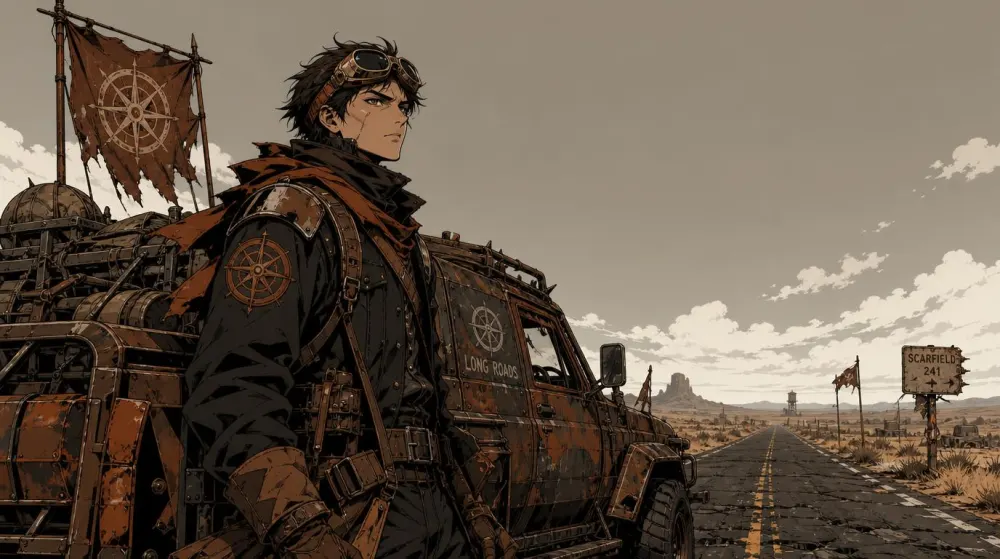 A Long Roads caravaner in goggles beside an armoured rig, a compass-rose banner up and the road running out behind.
