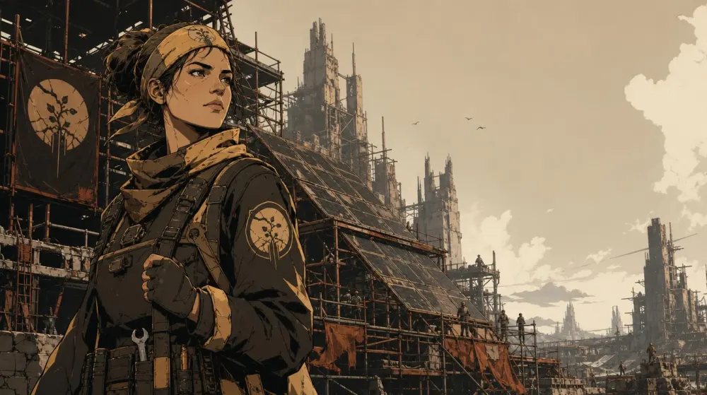 A Reclamation engineer in a marked headscarf standing before scaffolded rebuilding work, ruined towers behind.