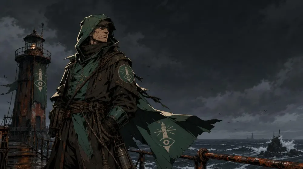 A hooded Tidewatch diver on a rusted pier under storm cloud, a lit lighthouse behind and heavy sea beyond.