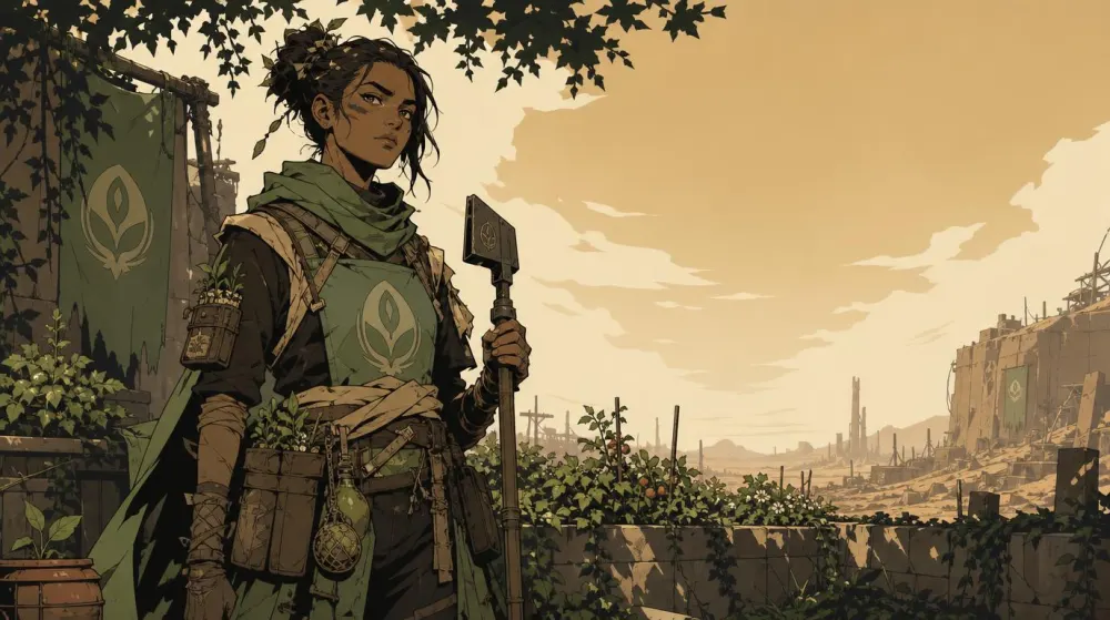 A Verdant grower with a hoe among planted beds and climbing vines, dry country past the wall.