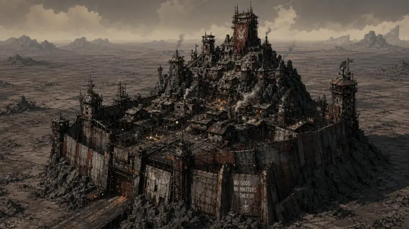 A settlement stacked up a rock outcrop behind sheer salvaged walls, alone on an empty plain.