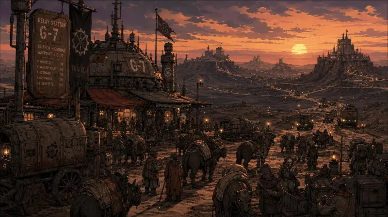 A lamplit relay station at dusk, pack animals and wagons gathered under its waypoint board, lit holds strung along the ridge beyond.