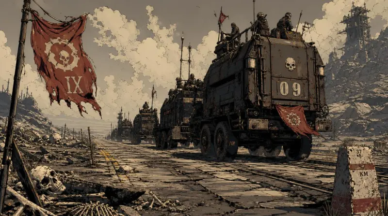 An armoured convoy running an old paved road, banners up, distance markers at the verge.