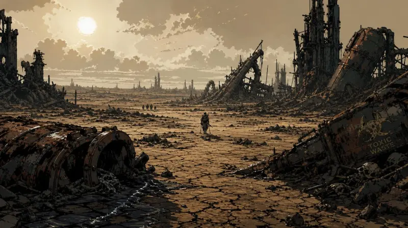 A lone walker crossing cracked ground between the wrecks of vast machines, under a white sun.