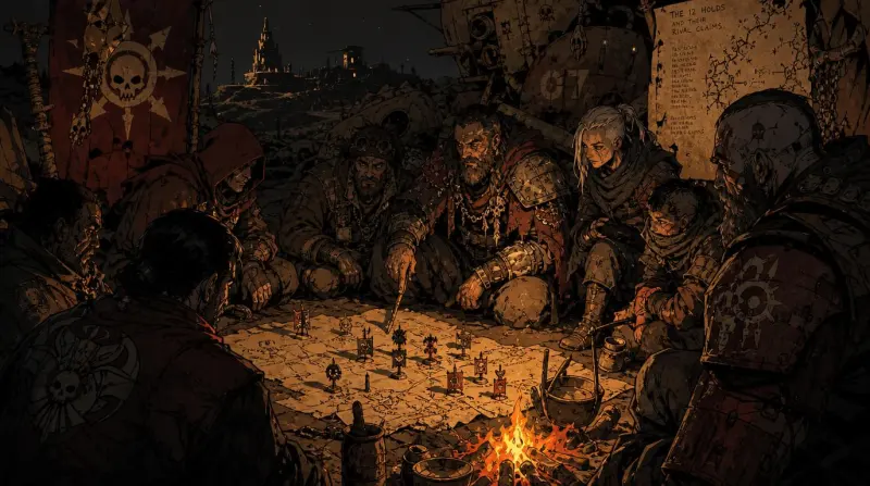 Figures around a fire at night, leaning over a map of holds laid out with playing pieces.